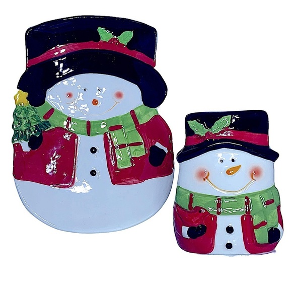 Snowman Kitchen Hand Painted Set Christmas Ceramic Dish Tray Napkin Holder 2 PC - Picture 2 of 15
